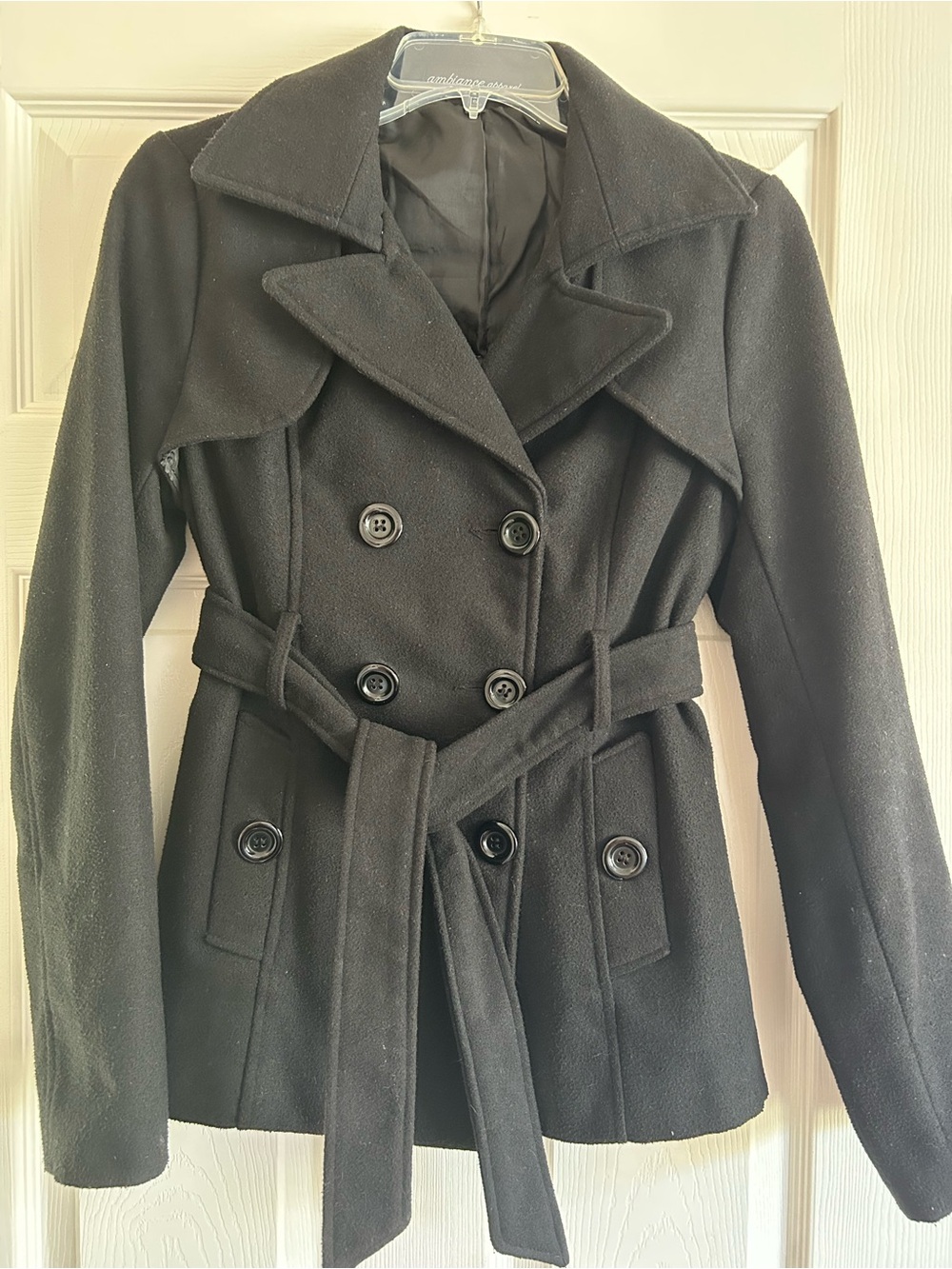 Ambiance Black Double-Breasted Belted Peacoat